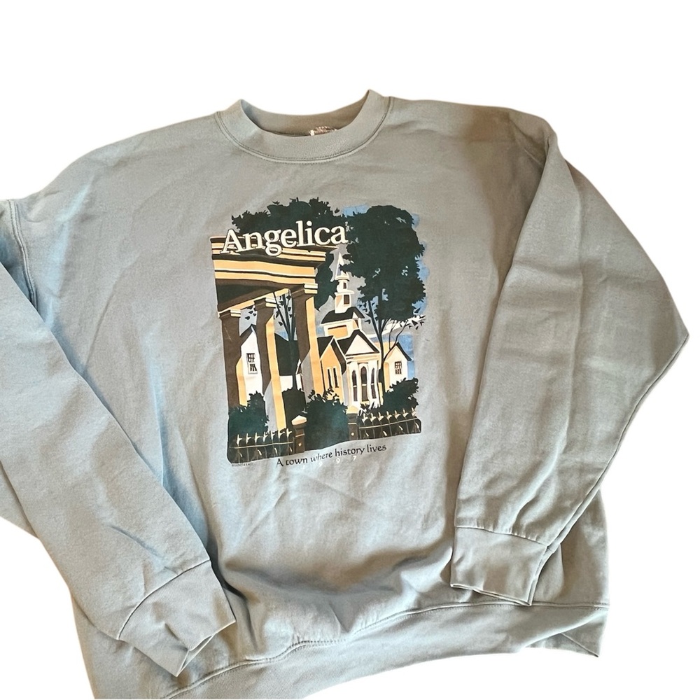 Vintage crewneck light blue 1997 featuring Angelica NY small town scenic XXL USA